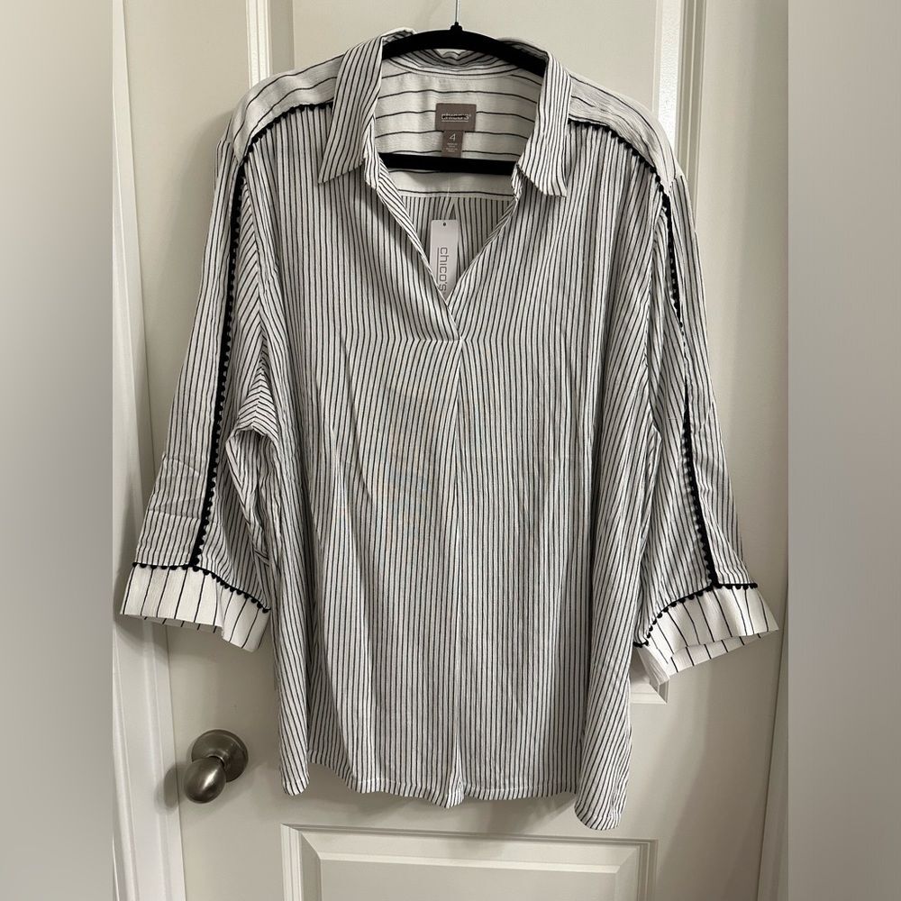Chico's Stripes Pom Pom Popover shirt top SZ 4‎ Front Button Down Color White